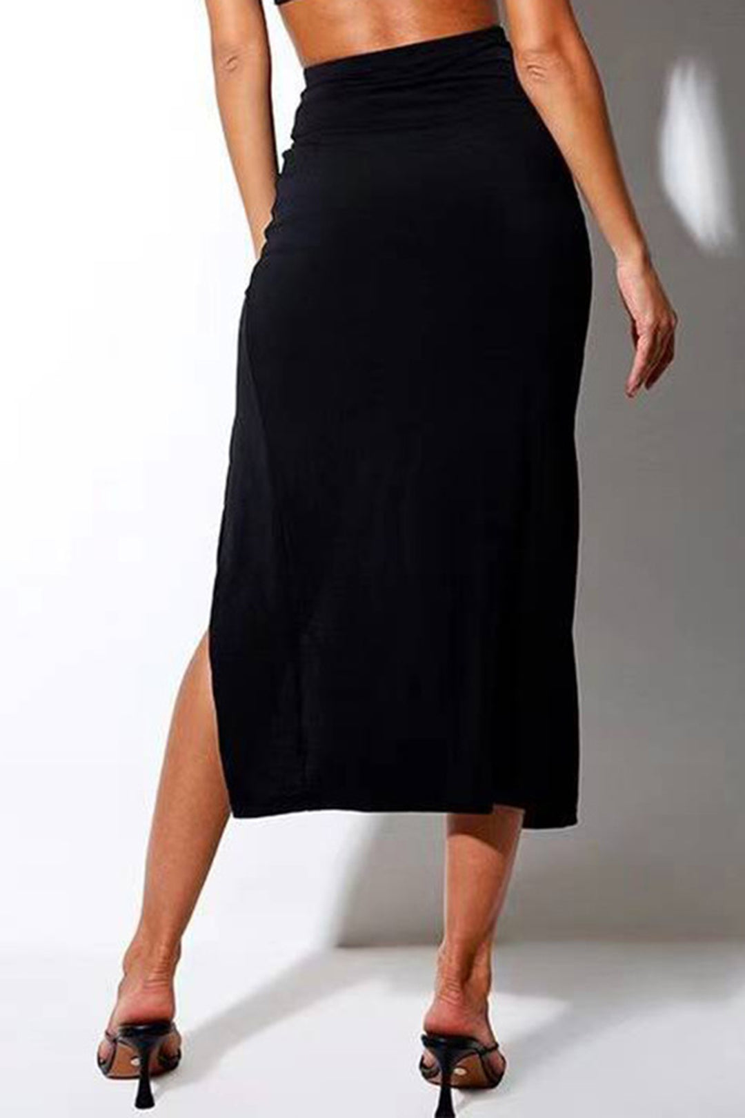 Drawstring Ruched Split Midi Skirt