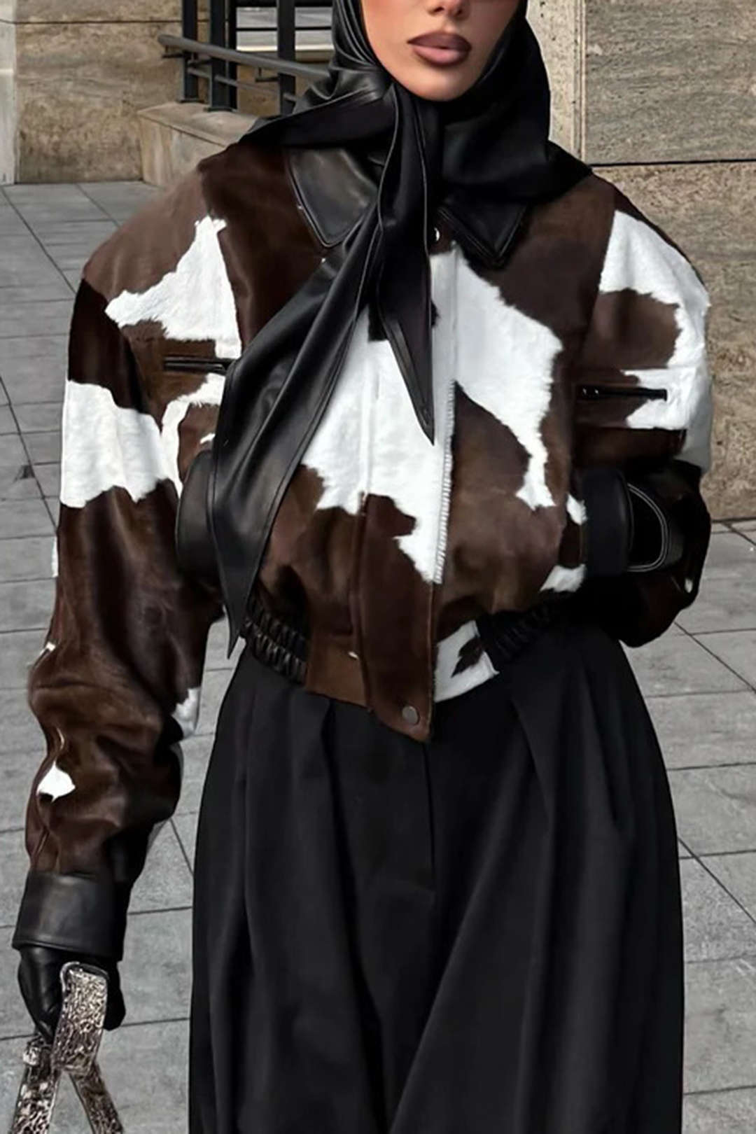 Color Block Print Faux Leather Patchwork Shirred Zipper Jacket