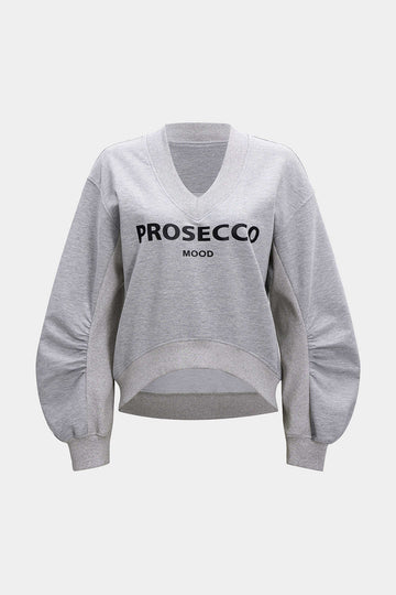 Letter Print Patchwork V-Neck Long Sleeve Sweatshirt