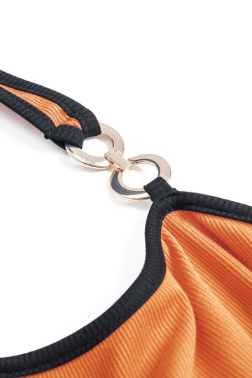 Halter Neck Contrast Binding Metallic Decor Sleeveless Mini Dress