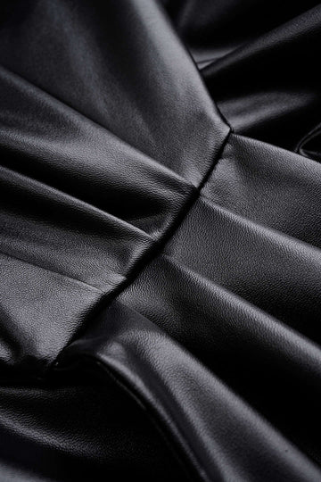 Faux Leather Tie Front Ruched Long-Sleeve Shirt