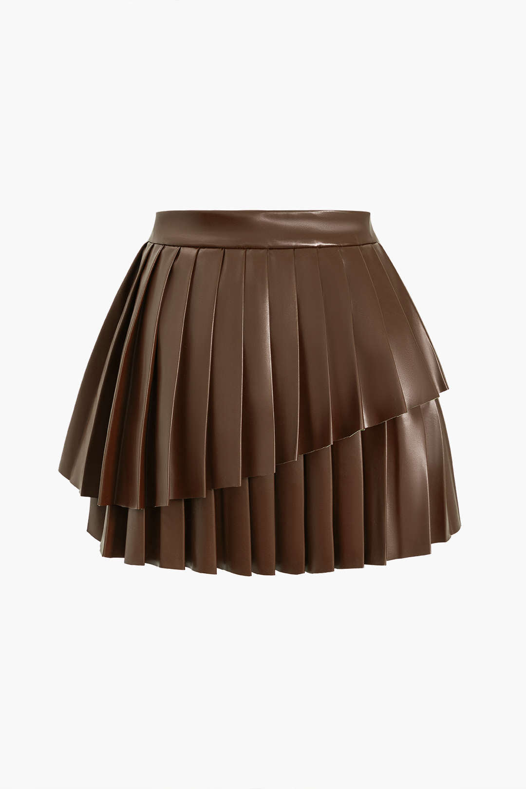 Solid Faux Leather Pleated Asymmetrical Skirt