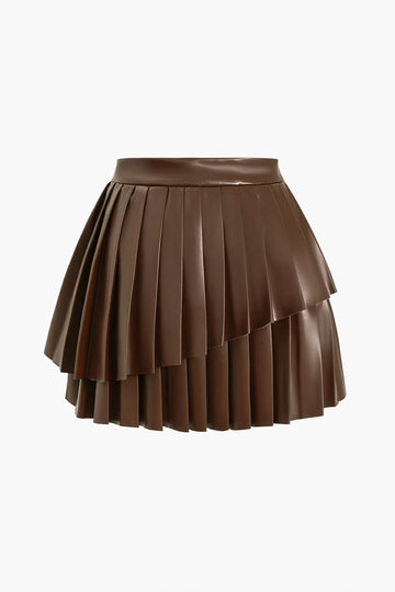 Solid Faux Leather Pleated Asymmetrical Skirt