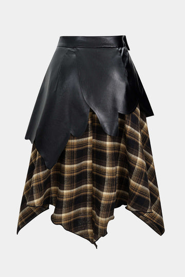 Plus Size Color Block Plaid Print Faux Leather Patchwork Tie-Up Asymmetrical Pocket Skirt