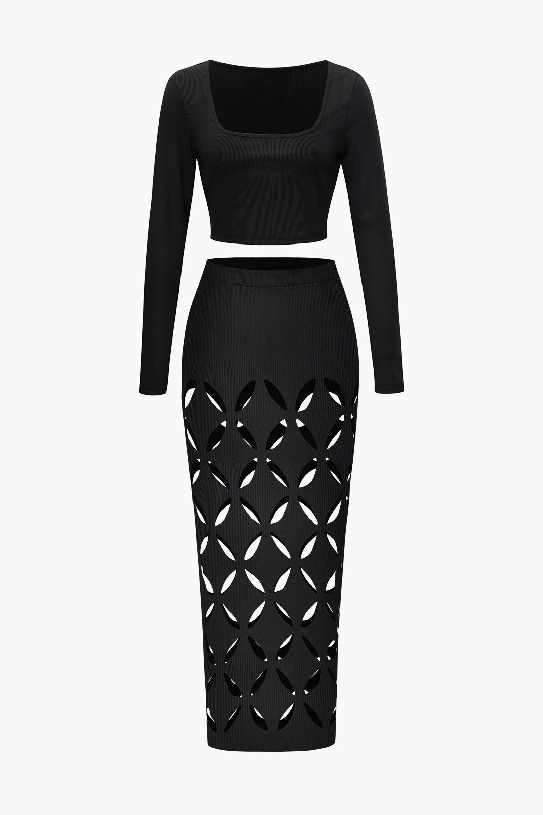 Square Neck Long Sleeve Crop Top And Cut Out Maxi Skirt Set