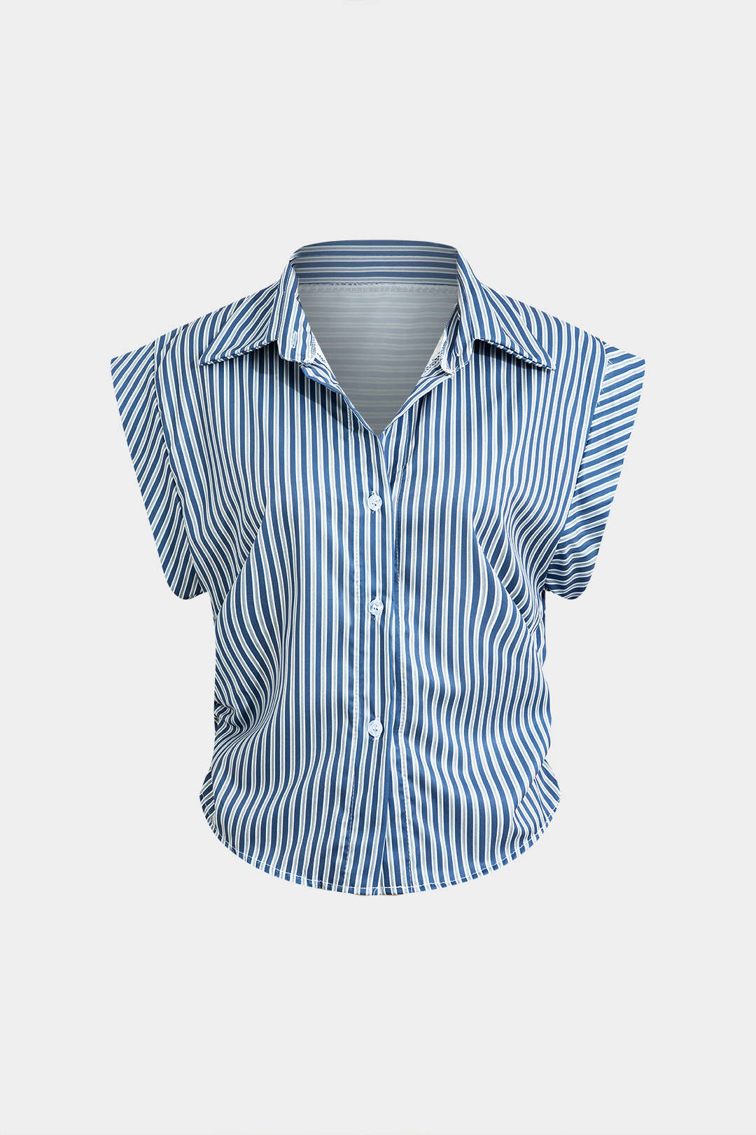 Basic Stripe Print Cap Sleeve Button Shirt