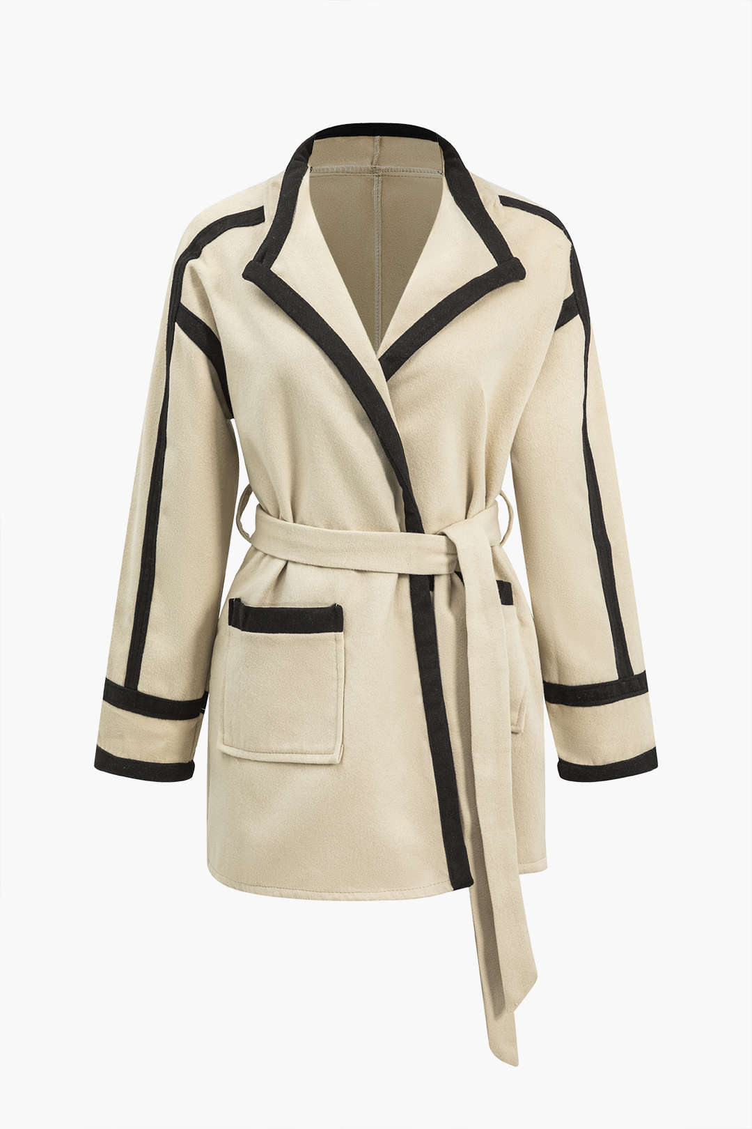 Kontrastne Trim Belted Wrap Coat