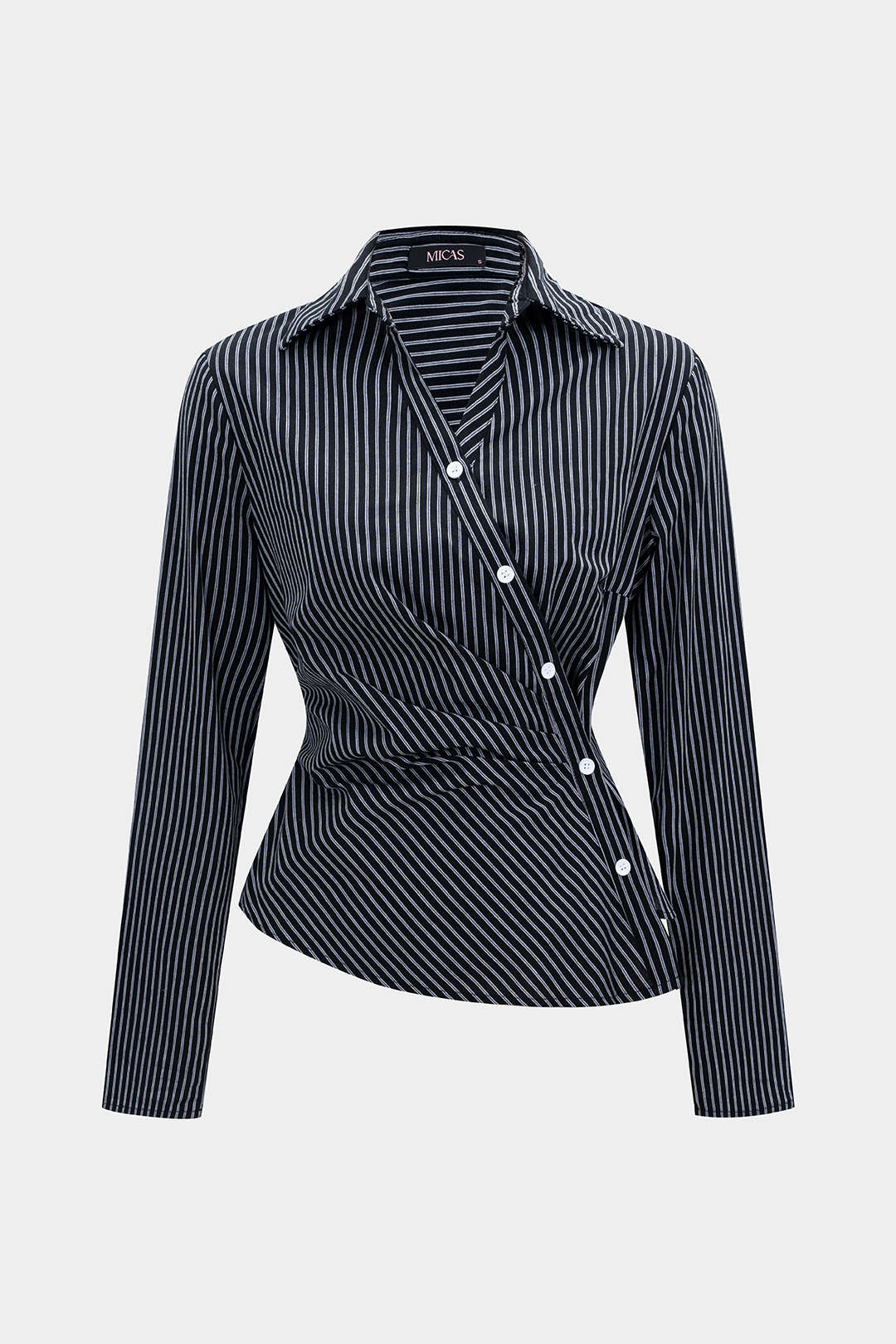 Stripes Print Asymmetrical Button Long-Sleeve Shirt