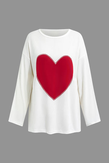 Heart Pattern Round Neck Pullover Long Sleeve Top