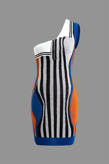 Asymmetrical Striped One Shoulder Knit Dress