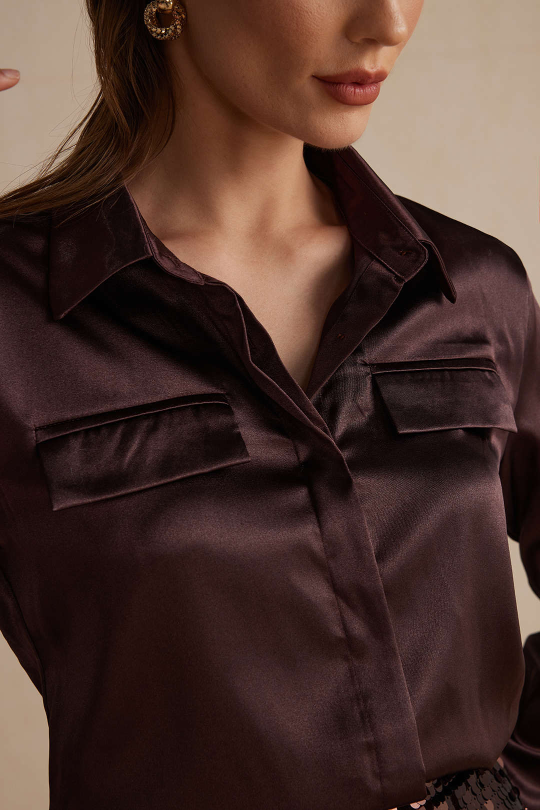 Satin Fake Pocket Long-Sleeve Shirt