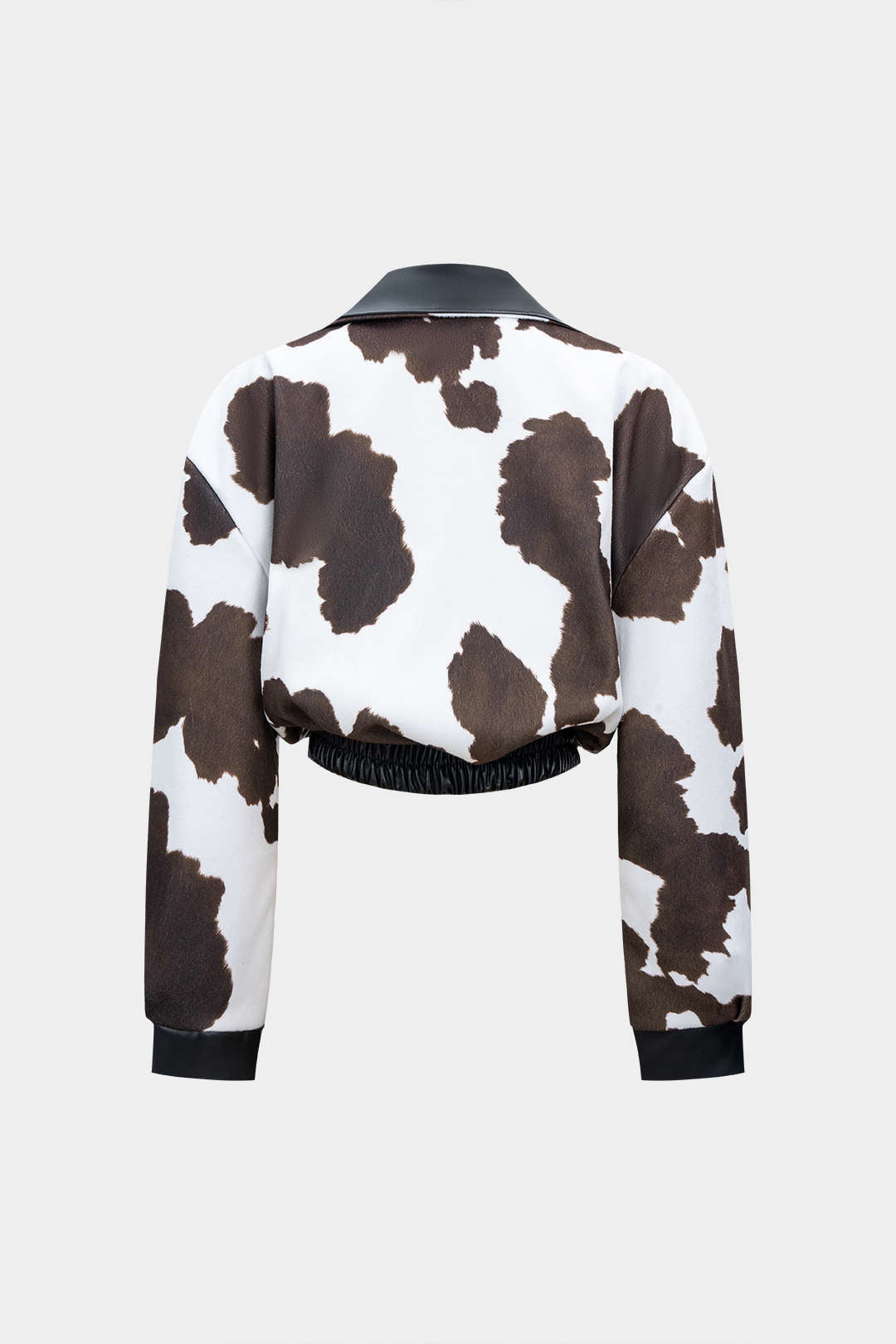 Color Block Print Faux Leather Patchwork Shirred Zipper Jacket