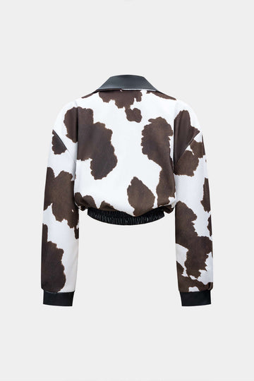 Color Block Print Faux Leather Patchwork Shirred Zipper Jacket