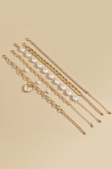 Metal Chain and Pearl Layered Bracelet Set