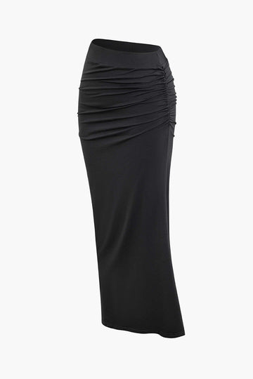 Solid High Waisted Back Ruched Maxi Skirt