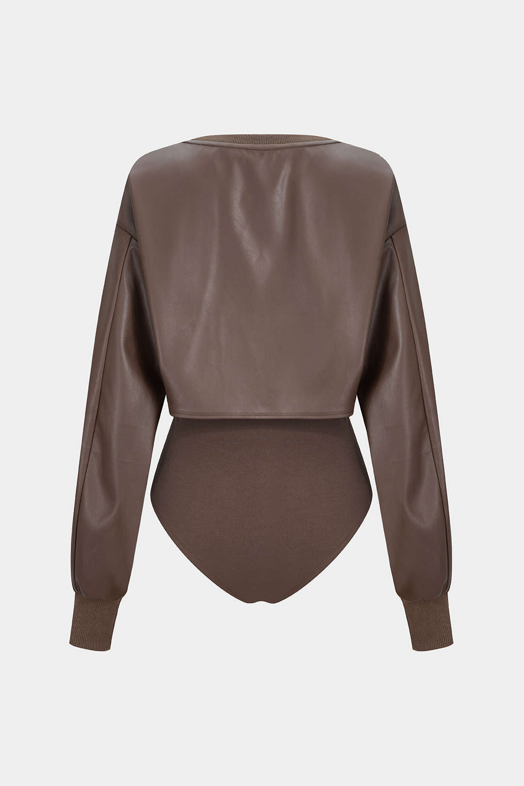 Faux Leather Patchwork Round Neck Asymmetrical Long Sleeve Bodysuit