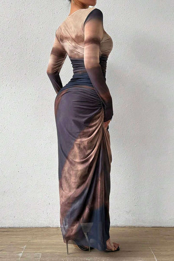 Tie-Dye Print Mesh Ruched Long Sleeve Maxi Dress