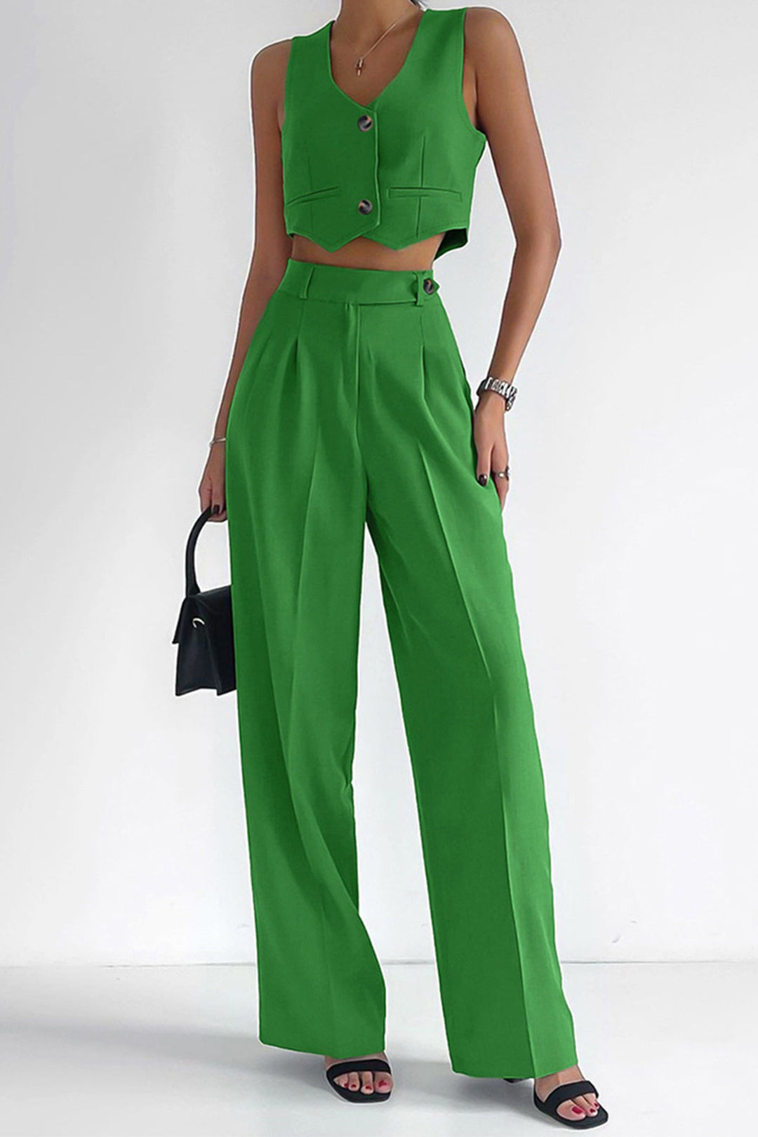 High-Waisted Pants with Crop Vest Set