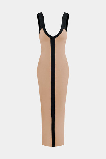 Colorblock V-neck Ribbed Split Maxi Dress
