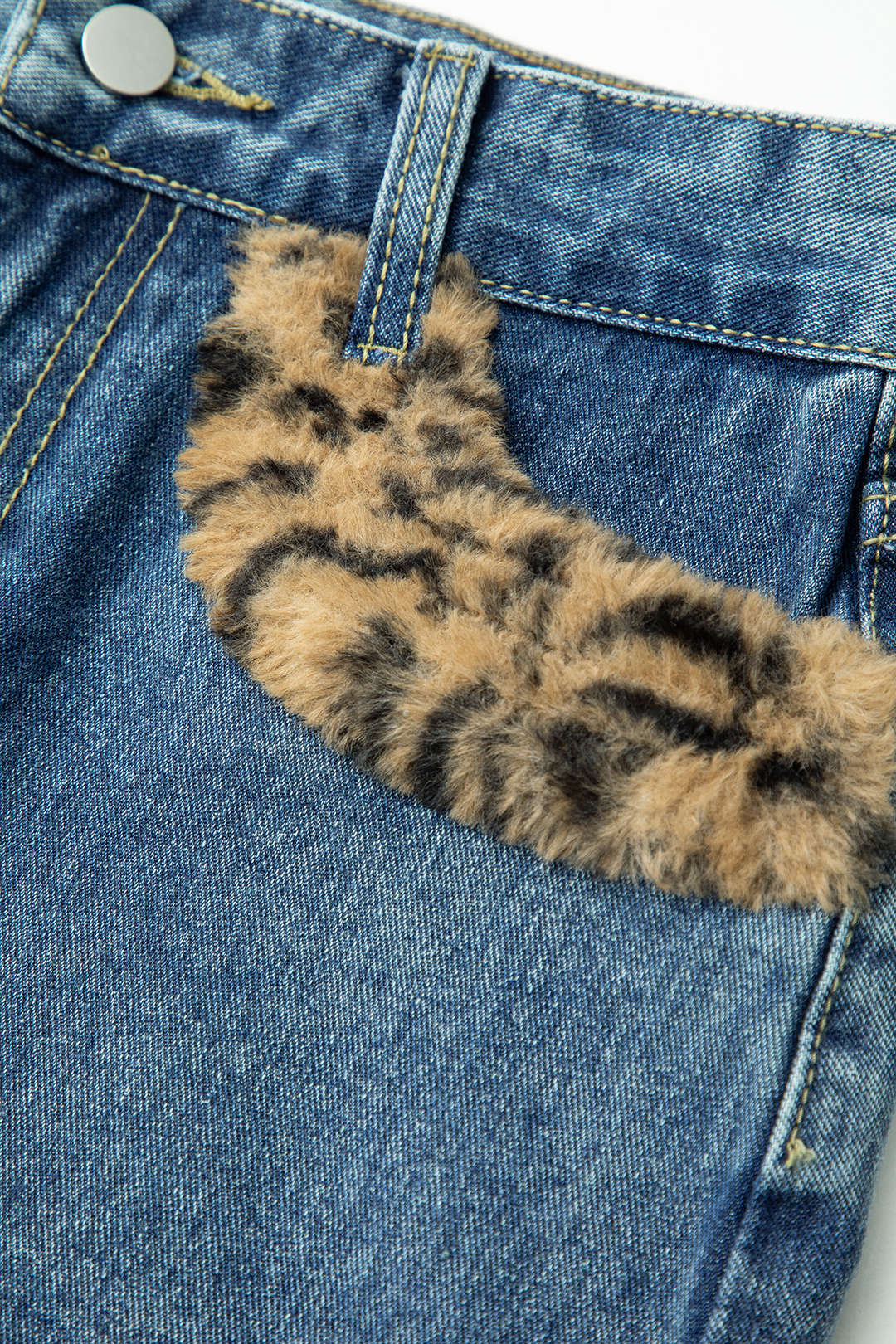 Leopard Pattern Faux Fur Detail Denim Mini Skirt