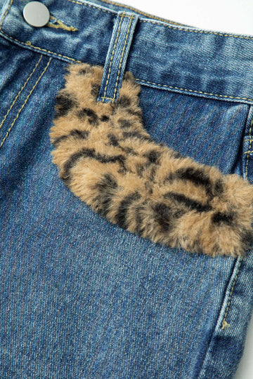 Leopard Pattern Faux Fur Detail Denim Mini Skirt