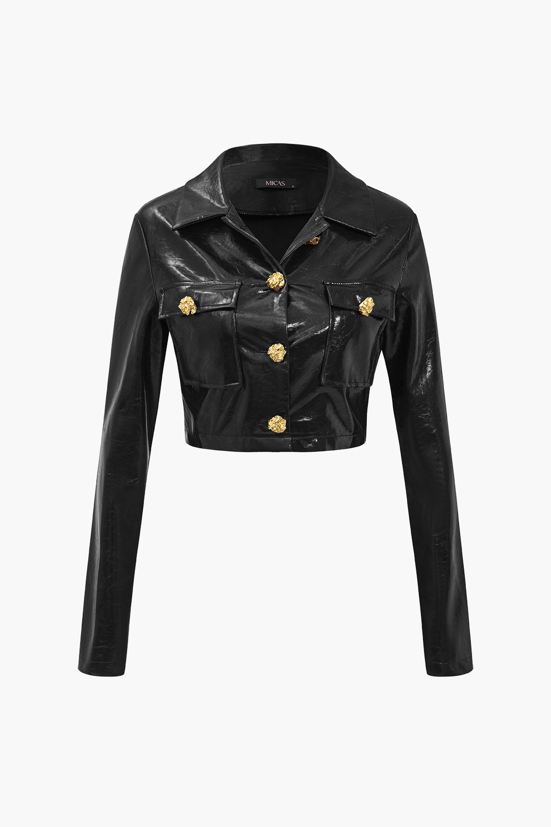 Jacket de bouton PU solide et de détails de poche