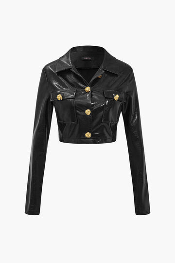 Jacket de bouton PU solide et de détails de poche