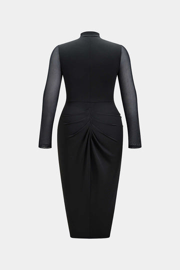 Plus Size Round Neck Patchwork Ruched Sleeveless Midi Dress