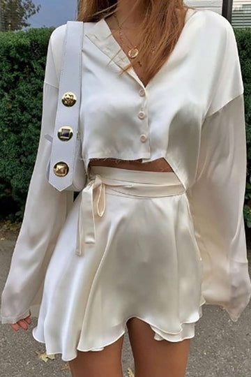 V-neck Satin Long Sleeve Crop Top And Wrap Mini Skirt Set