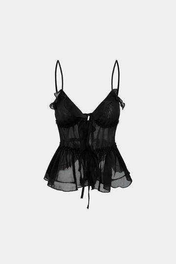 Tie Front Sheer Ruffle Cami Top