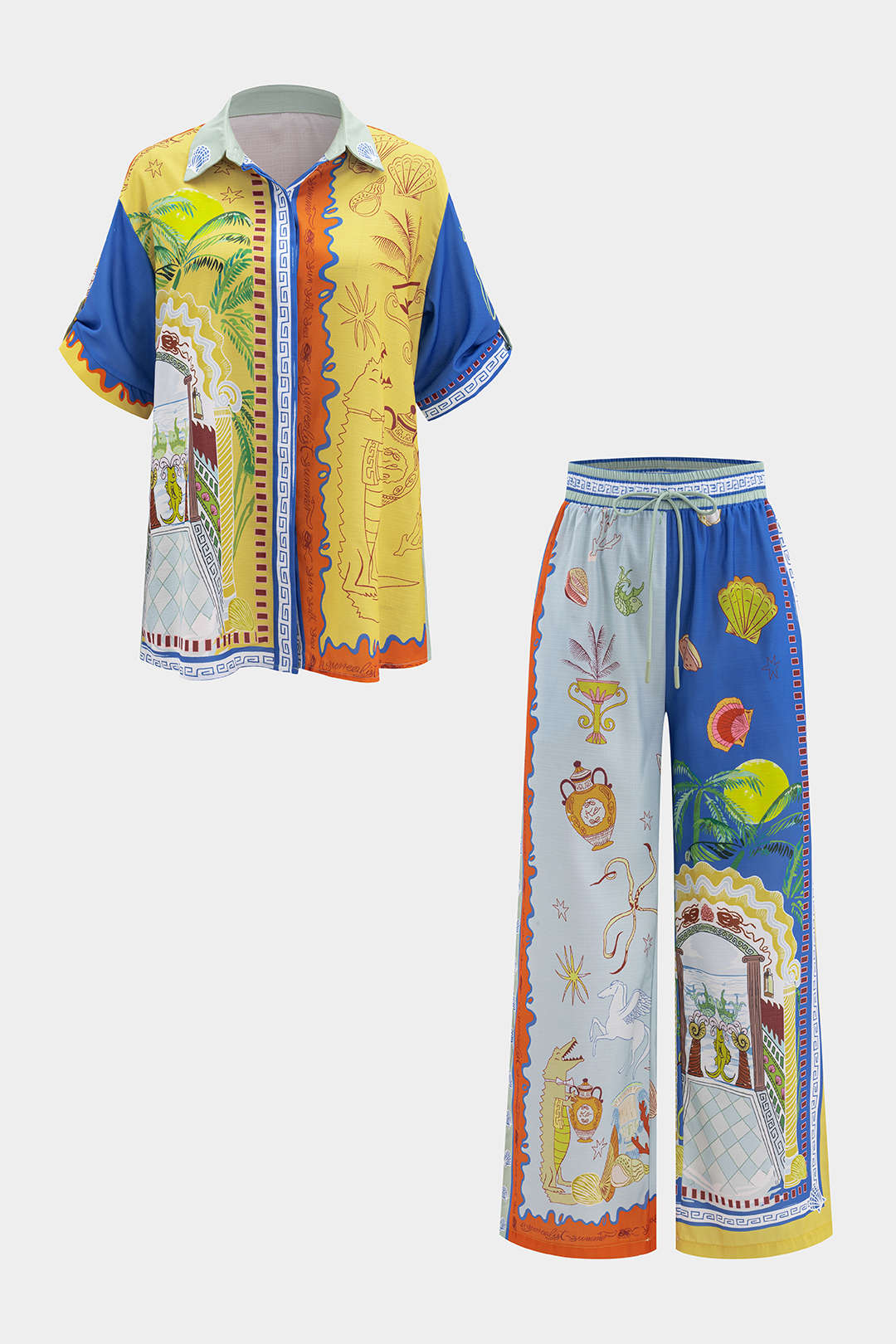 Abstract Print Tie-Up Short Sleeve Shirt And Pants Set