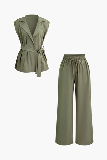 Notched Lapel Sleeveless Belted Top And Drawstring Wide Leg Pants Set