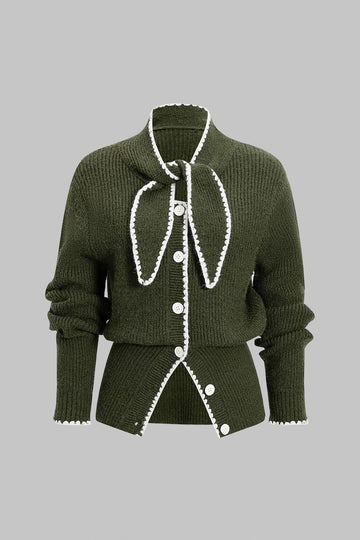 Knit Contrast Button Tie-Up Cardigan