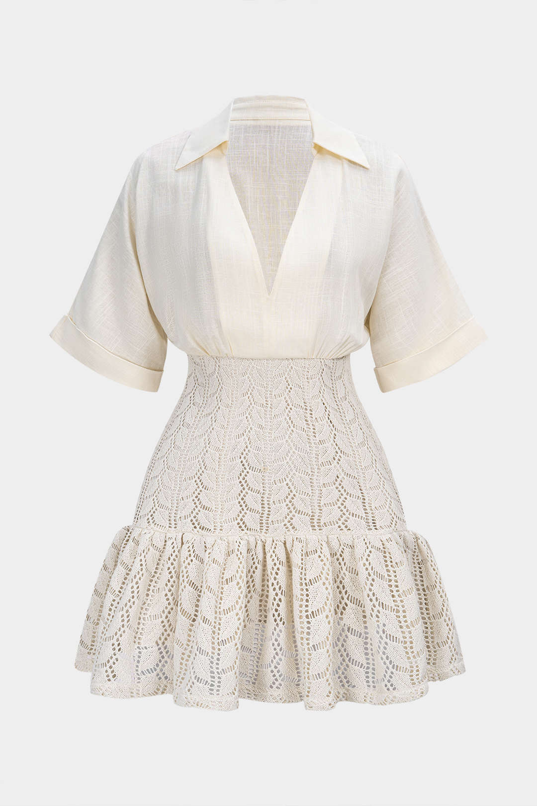 Jacquard Patchwork Linen Ruched V-Neck Short Sleeve Mini Dress Micas Jacquard Patchwork Linen Ruched V-Neck Short Sleeve Mini Dress Micas
