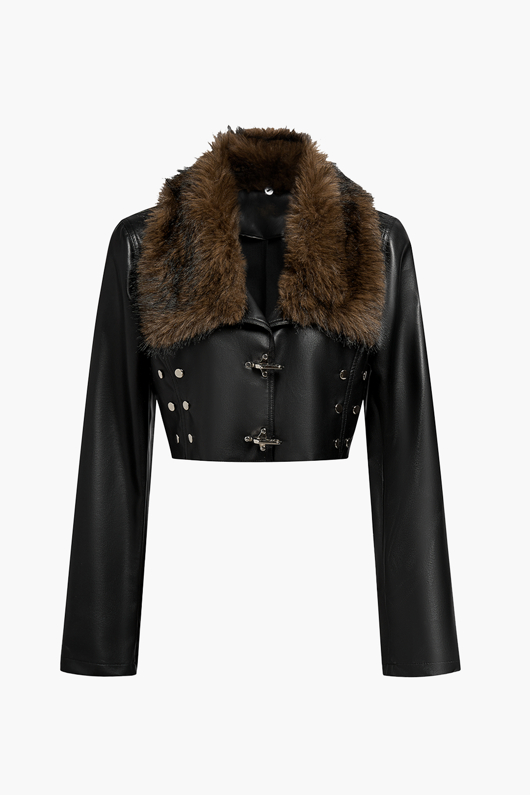 Faux Leather Fur Button Patchwork Jacket