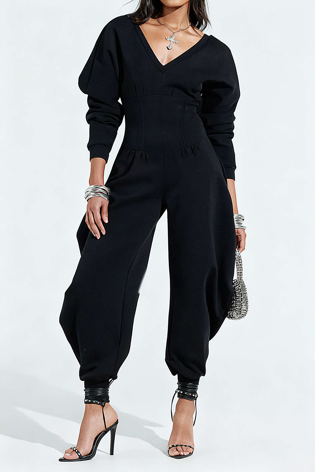 Solid High Waist Long Sleeve Jumpsuit