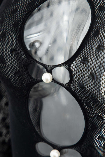 Pearl Decor Sheer Mesh Cut Out Mock Neck Mini Dress