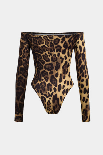 Leopardtryck av axel långärmad bodysuit