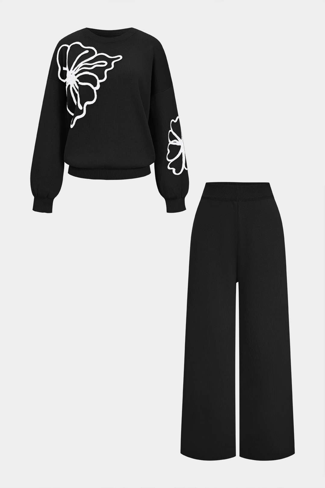 Knit Round Neck Embroidery Long-Sleeve Top And Wide Leg Pants Set