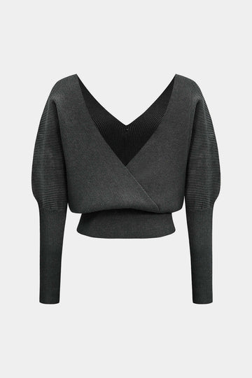 Solid Button V-Neck Sweater Long-Sleeve Top