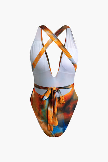 Abstract Print V-neck Cross Back Tie Swimsuit And Mesh Mini Sarong Skirt Set