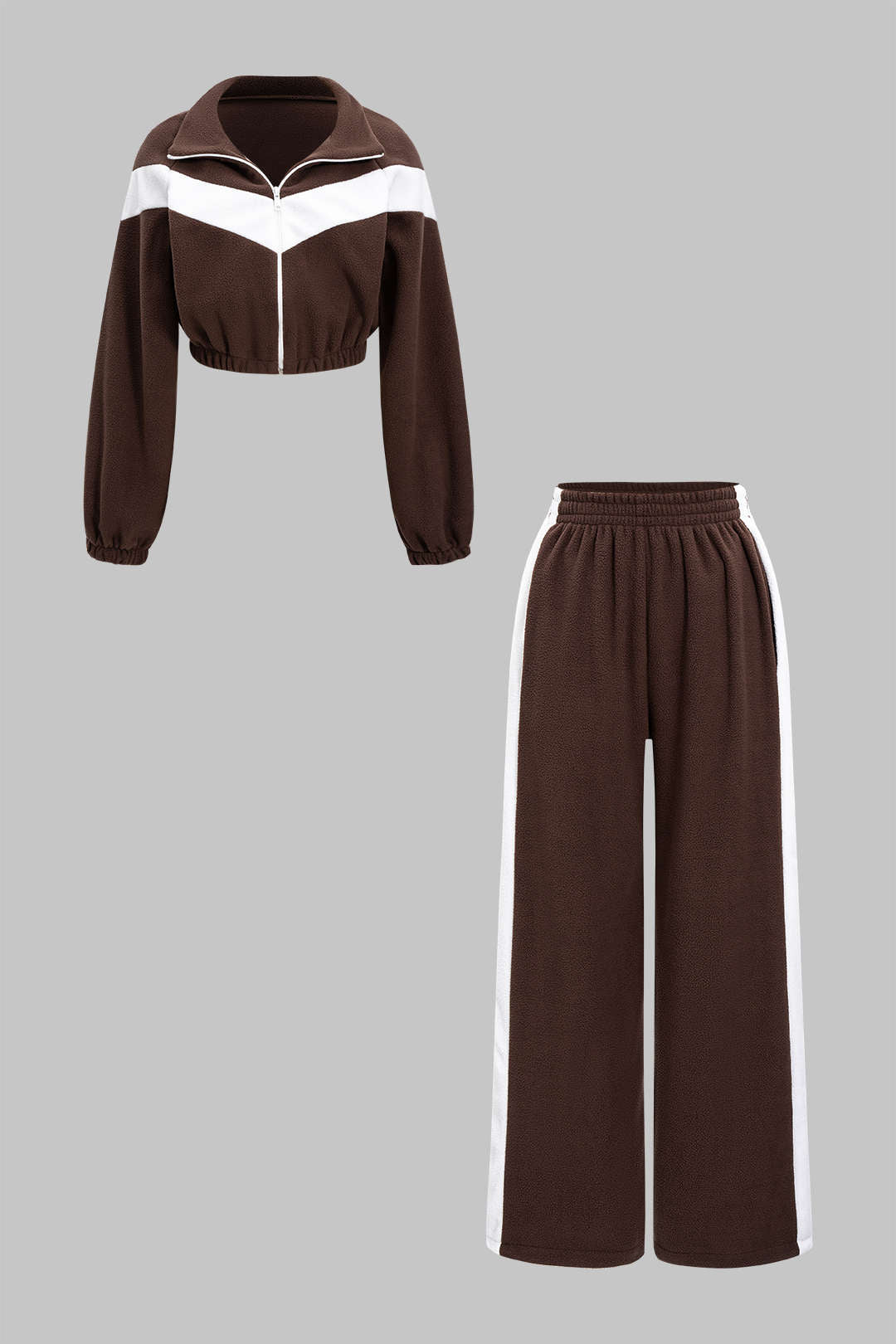 Contrast Ruched Zipper Sweatshirt And Shirred Waistband Pants Set