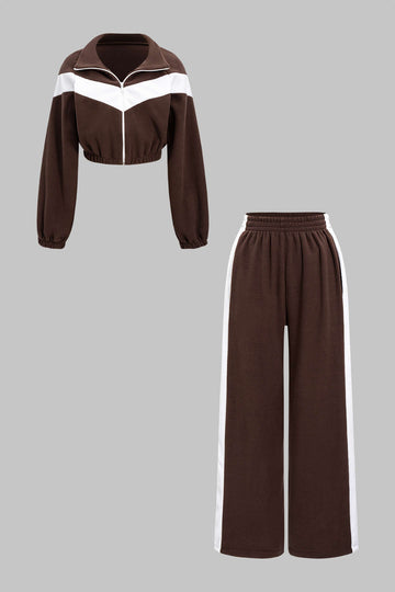 Contrast Ruched Zipper Sweatshirt And Shirred Waistband Pants Set