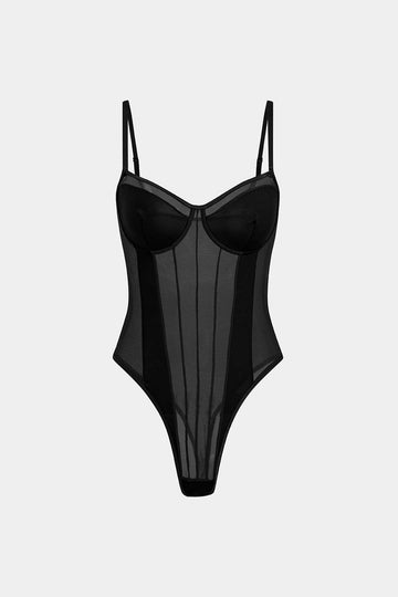 Mesh Backless Sheer Patchwork Corset Slip Bodysuit