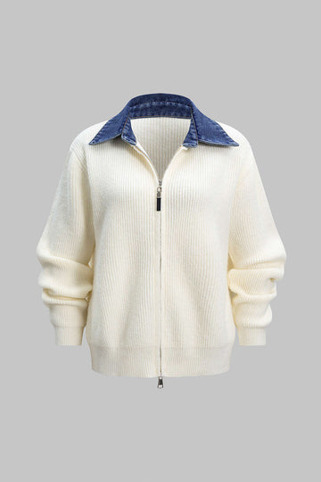 Knit Denim Patchwork Zipper Cardigan