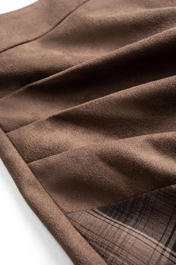 Suede Patchwork Plaid Print High Waist Skirt