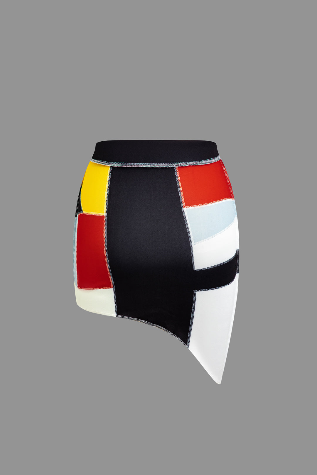 Solid Button-Up Crop Top And Color Block Patchwork Mini Skirt Set