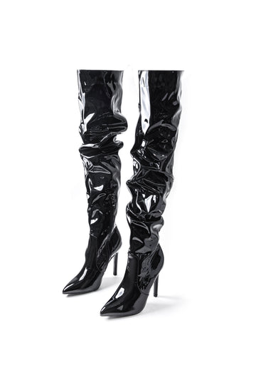 Artificial Patent Leather Pointed Toe Knee High-heeled Boots