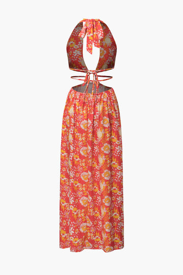 Floral Halter Cut Out Slit Maxi Dress