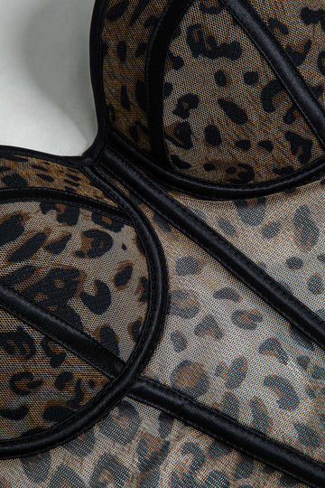 Top de tirantes con corsé transparente de malla con estampado de leopardo